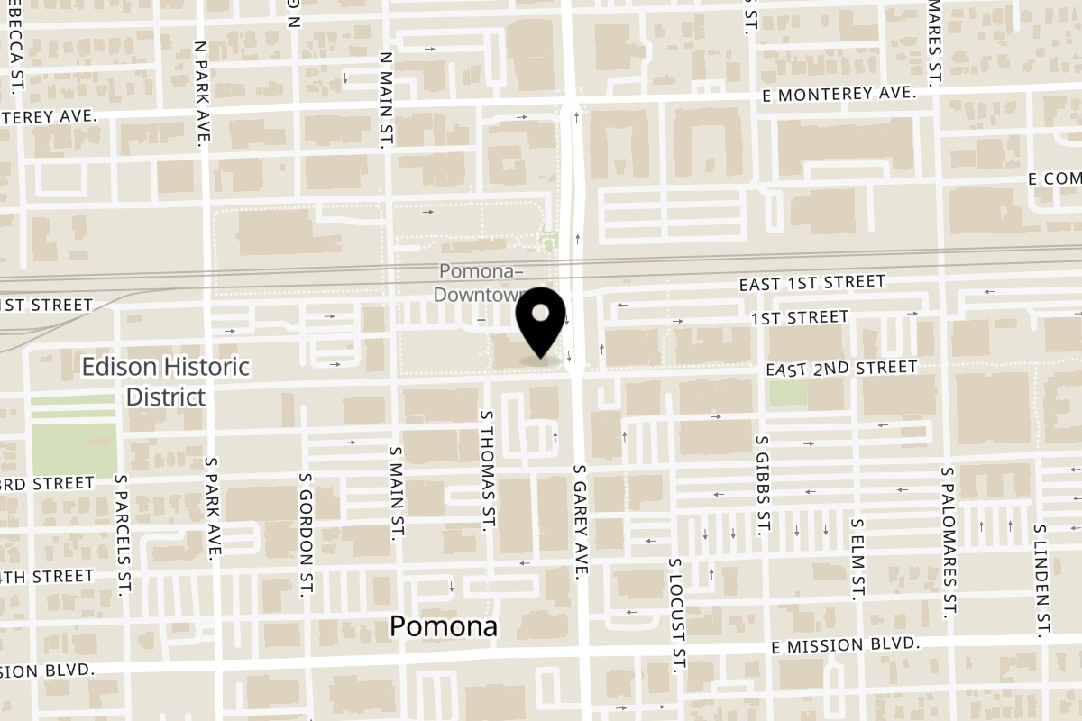 Map showing the location of Hilltop Jamaica Restaurant & Lounge Pomona on 117 W 2nd St in Pomona